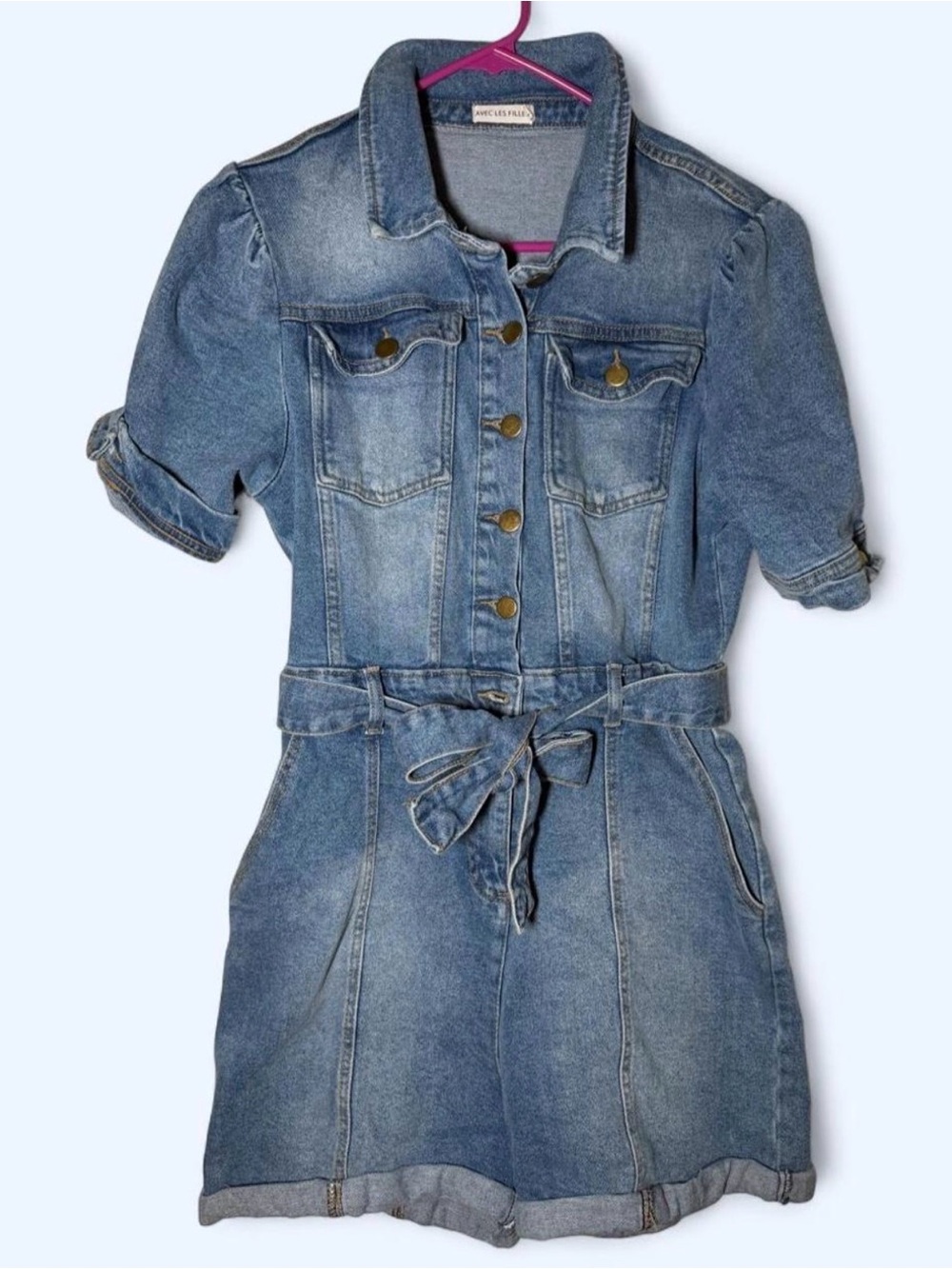 Avec Les Filles Denim Short Sleeve Tie-Waist Romper in Blue